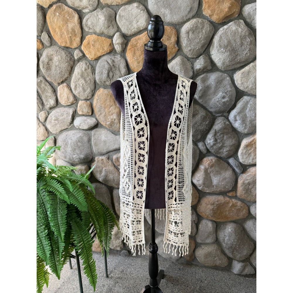 Keren Hart Womens 2X Cream Crochet Fringe Vest Boho Cotton Open Front Longline